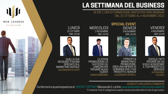La settimana del business dal 31 ottobre al 4 novembre, webinar gratuiti sul web marketing